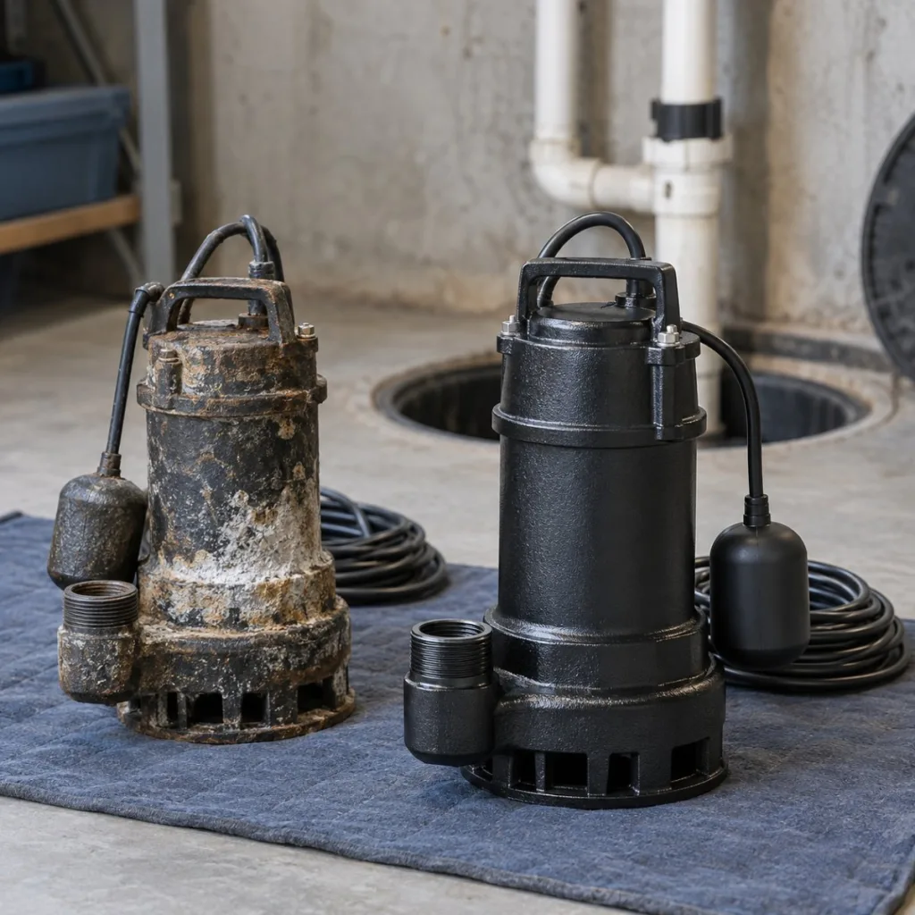 Old rusted sump pump next to a new replacement pump