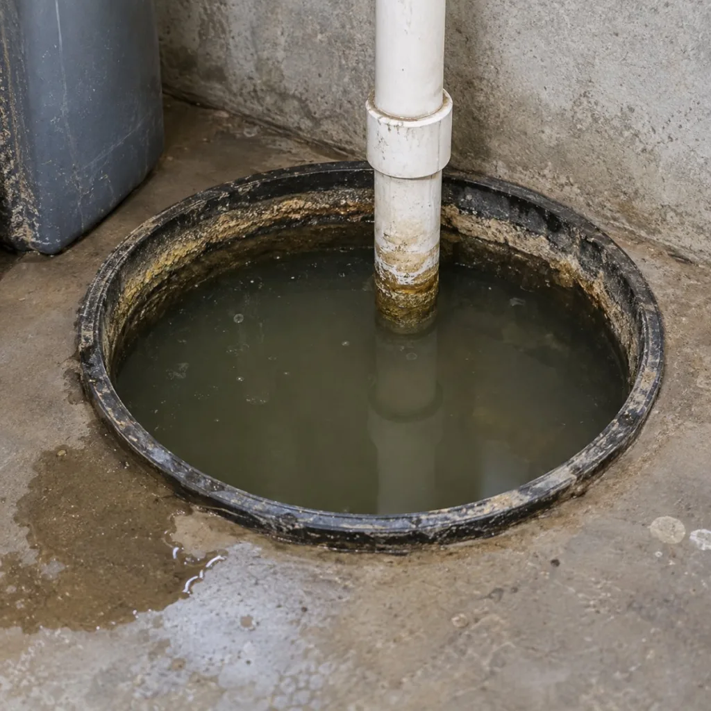 Overflowing sump pit, a sign of sump pump failure