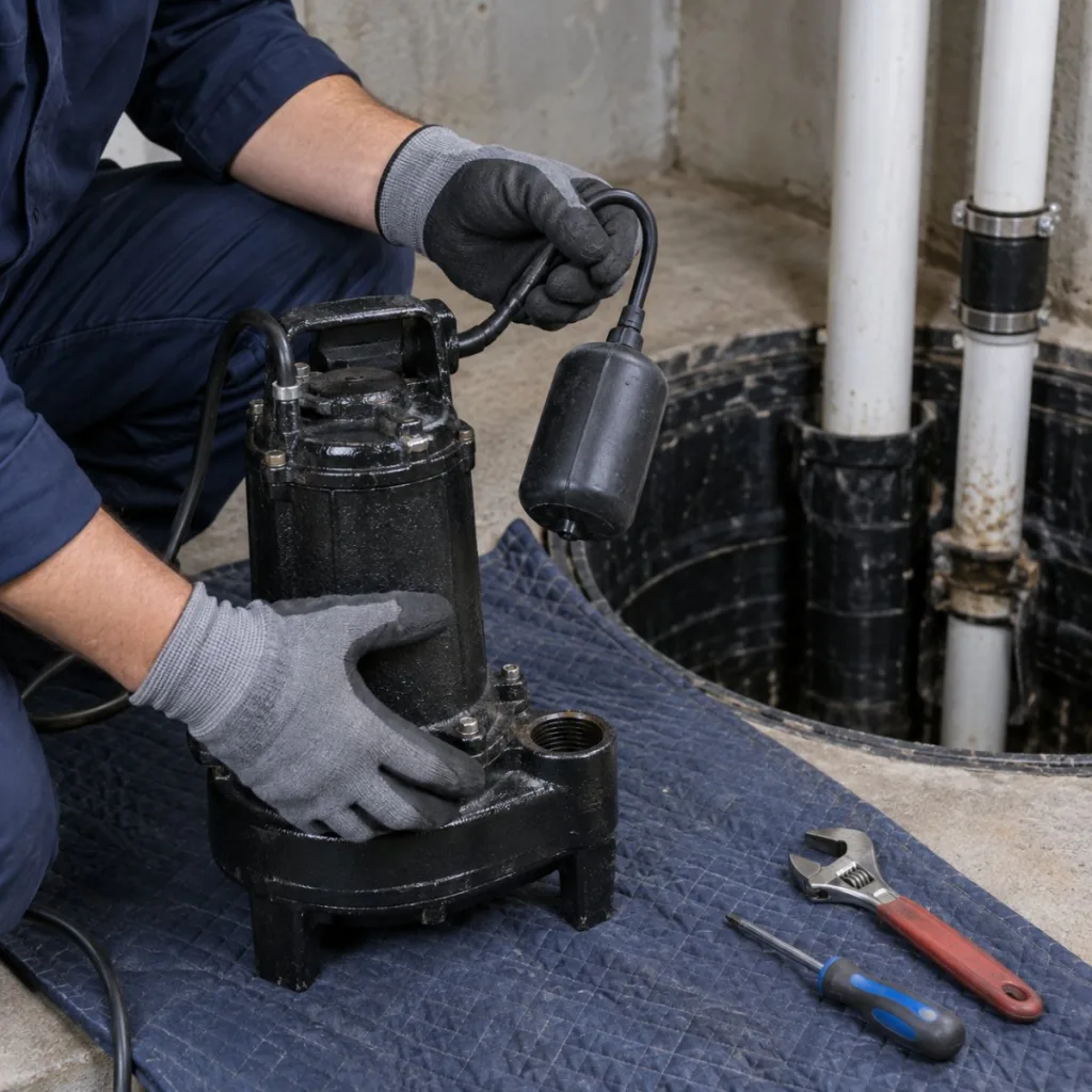 Plumber repairing a sump pump float switch