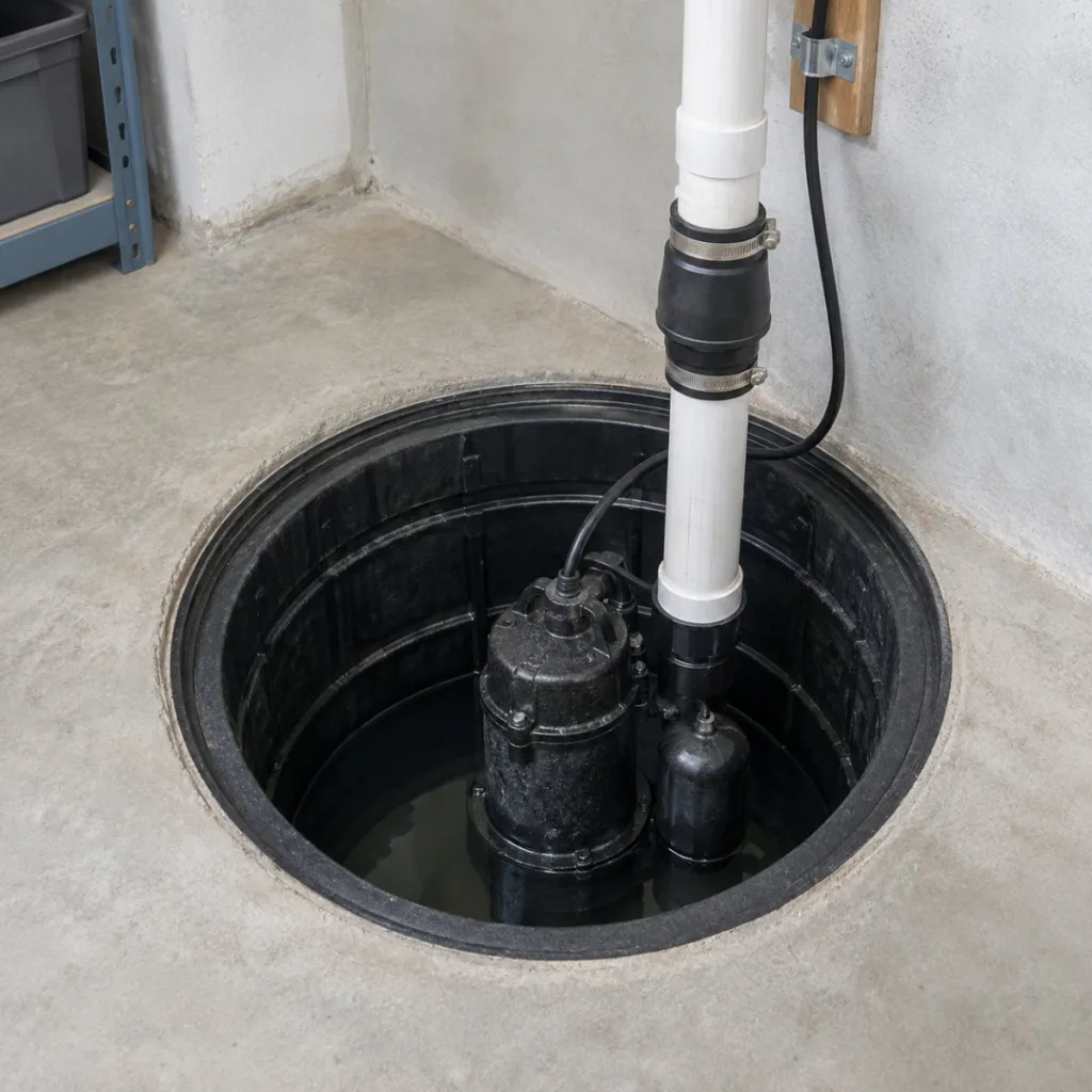 Sump pump installed in a basement sump pit