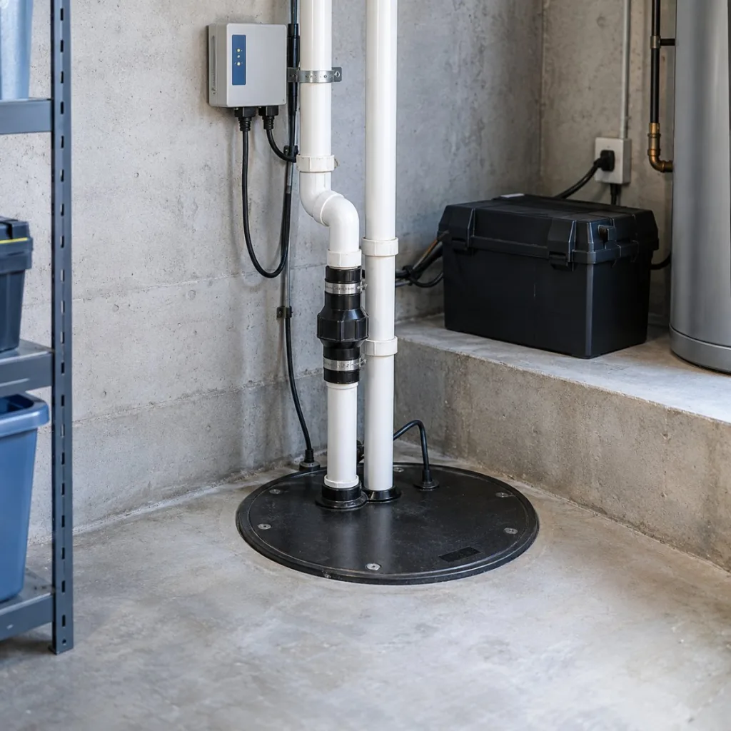 Sump pump installation with check valve and battery backup